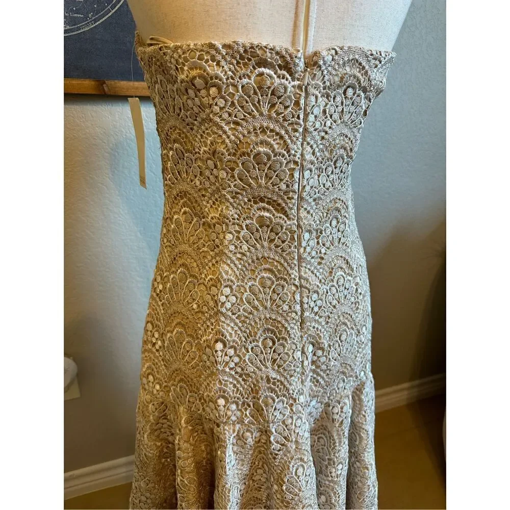 NWT Y2K Badgley Mishcka Strapless Lace Ivory Gold Midi Dress Women Size 6 SC1280